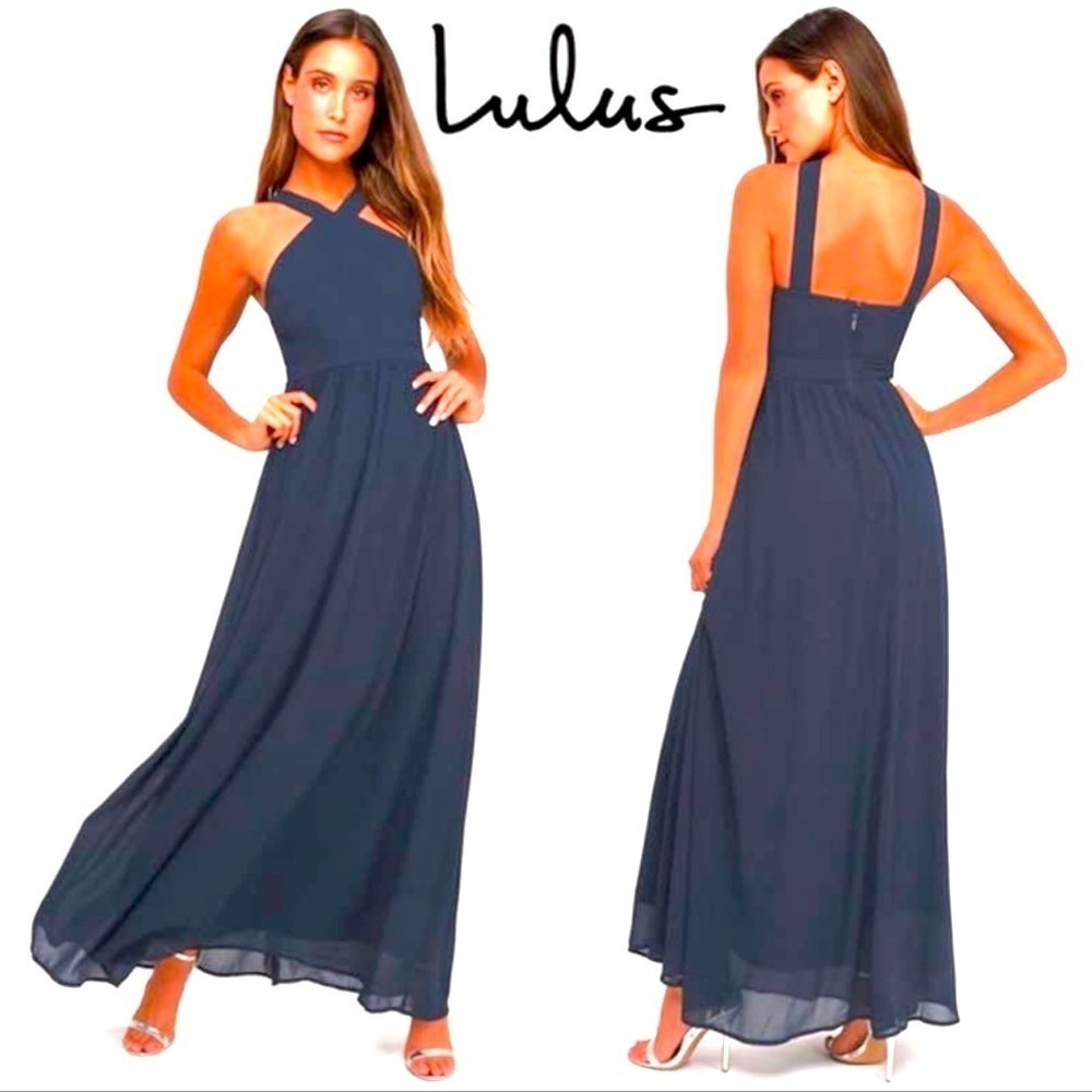 NEW LULU’S Air of Romance Navy Blue Maxi Dress womens size L